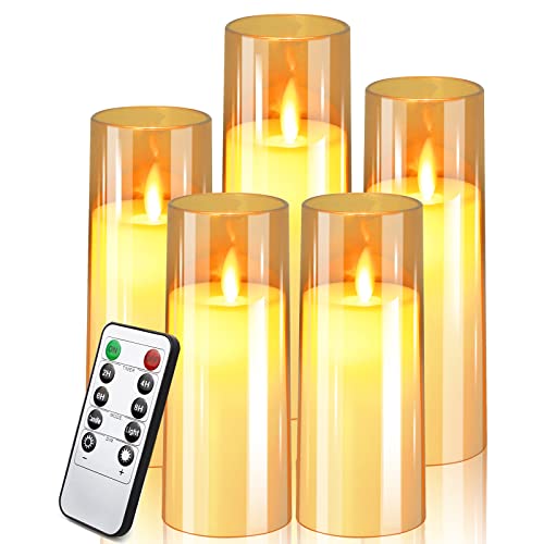 Comenzar Golden Flickering Candles with Acrylic Glass, Battery Operated LED Flameless Candles with Timer, Decorative Realistic Moving Flame Glass Pillar Flameless Candles with Remote Control,Set of 5