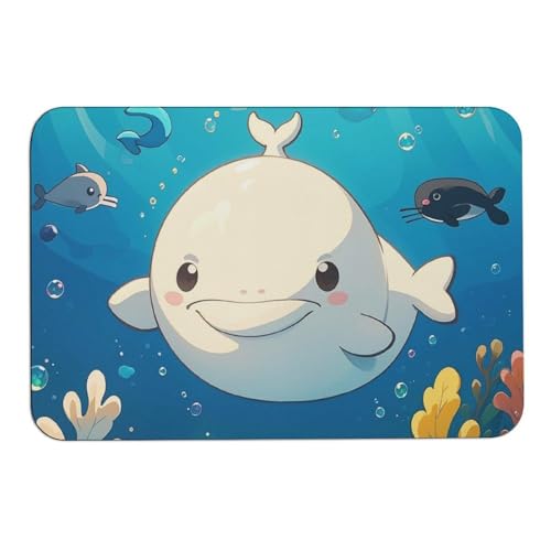Cartoon White Whale Door Mat Super Water Absorbent Non Slip Bothroom Rugs for Bathtub Sink Puppy Dog Rugs Easy to Clean Quick Dry Diatom Mud Mat for Entryway Indoor Outdoor