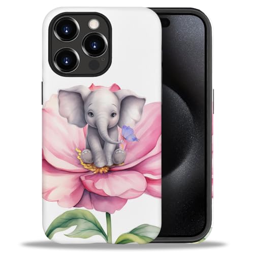 yicomon Compatible with iPhone 15 Pro Case，Elephant On Pink Flowers Pattern Print Phone Case Durable Fashion Funny Liquid Silicone Case Soft Anti-Scratch Shockproof Protective Cover