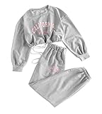 ORANDESIGNE Damen Casual Langarm Crop Sweatshirt + Jogginghose California Brief Print Trainingsanzüge Oversized Hip Hop 2-teiliges Set Sportanzug I Grau S