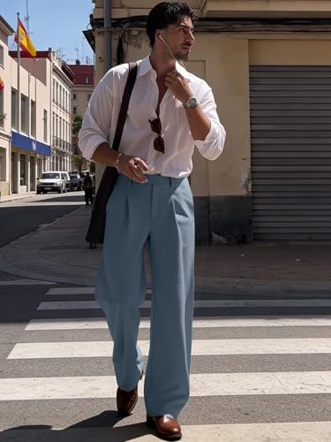 Image of JMIERR Mens Baggy Casual Dress Pants Lightweight Pleated Old Money Wide Leg Pants Loose Relaxed Fit Trousers