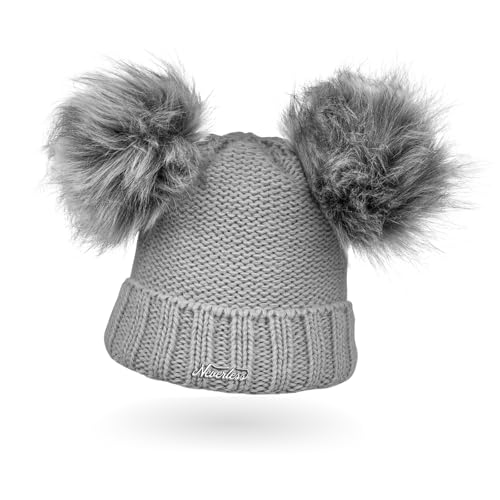 Neverless® gefütterte Damen Strickmütze mit Doppel-Fell-Bommel und Fleece Futter, Winter-Mütze, Bommelmütze Hellgrau
