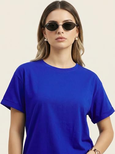 Image of JUNEBERRY Pure 100% Cotton Oversized Loose Fit Drop Shoulder Round Neck Boyfriend Fit Solid Half Sleeves T-Shirt for Women & Girls (Sizes: S to 2XL)