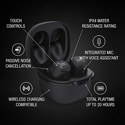 WeSC True Wireless Headphones, Bluetooth Earphones with LED Wireless Charging Case, 20Hrs Playtime, Touch Control, IPX4 Water Resistant Earbuds - Black