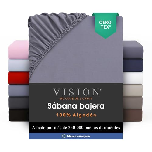 VISION Sábana Ajustable - 100% algodón - Cama Individual (90 x 190 cm) - Esquinas elásticas - Se Adapta a colchones de hasta 25 cm - Certificación Oeko-Tex - Lavable a máquina - Color: Gris