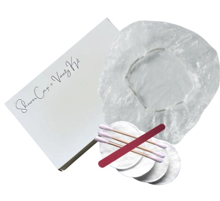Shower Cap + Vanity Kit (Bamboo Ear Buds + Cotton Pads + Nail File) Guest Bathroom Amenity Premium individual Box packing 200's/Box