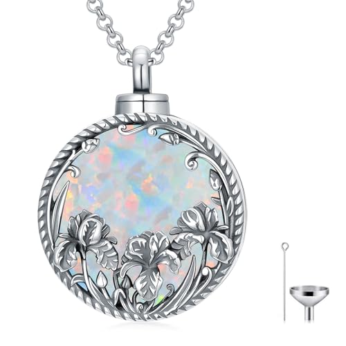 Birth Flower Urn Necklace for Ashes 925 Sterling Silver Opal 12 Month Birth Flower Ashes Pendant Opal Cremation Jewelry Keepsake Gifts for Women