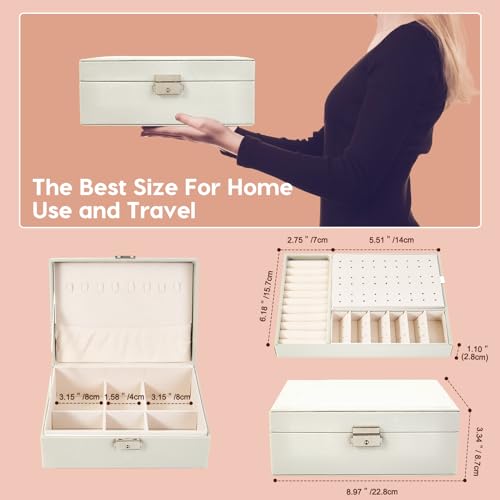 BULLA Jewellery Box, 2 Layer Jewellery Organiser with Lock, Jewellery Box for Women with Removable Tray, Earring Box for Necklace Earrings Rings Bracelets (White) - Cosy Home Interiors BULLA Jewellery Box, 2 Layer Jewellery Organiser with Lock, Jewellery Box for Women with Removable Tray, Earring Box for Necklace Earrings Rings Bracelets (White) - Image 4