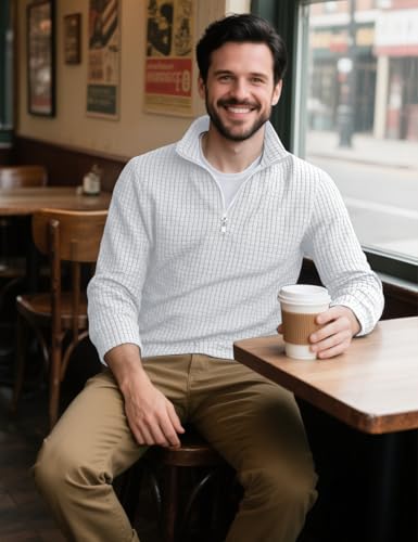 Mens Quarter Zip Pullover Quilted Sweatshirt Long Sleeve Waffle Sweater Half Zip Polo Sweatshirts3