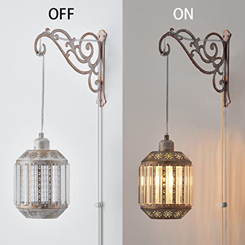 Image of Boho White Lantern Wall Lights with Plug in Cord, Farmhouse Rustic Wall Sconces Plug in Hanging Lamps for Bedside Bedrooms Living Room 2PK