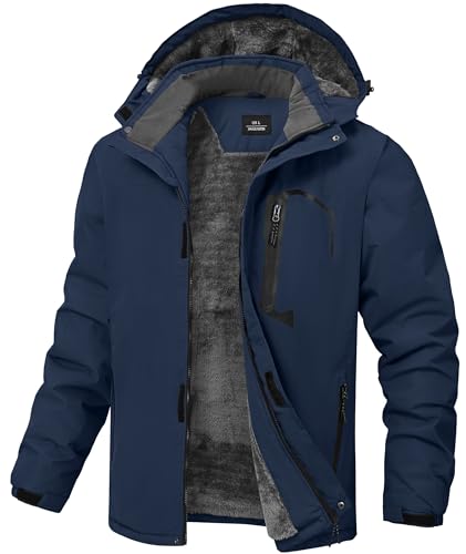 Image of Mens Winter Jackets Waterproof Warm Fleece Ski Jacket with Hood Thermal Windproof Coat Zip Pockets