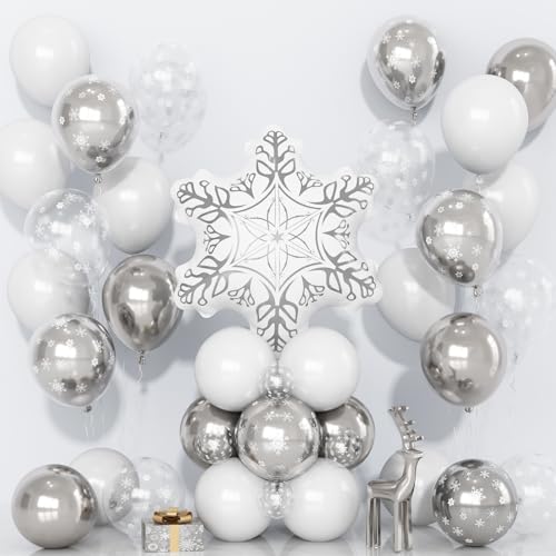 Globos de látex de copo de nieve de invierno, de 12 pulgadas, color blanco y plateado, globos de aluminio de helio congelado para fiestas temáticas de hielo, nieve, cumpleaños, baby shower