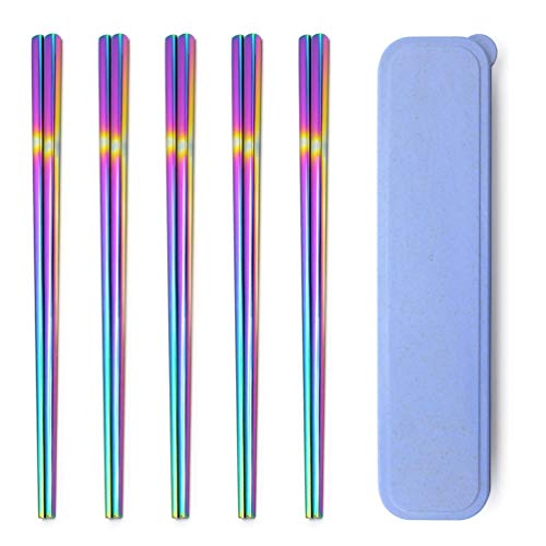 Rainbow 304 Stainless Steel Chopsticks -Reusable Multicolor Lightweight Stainless Steel Polished Chopsticks - Metal Chopsticks 5 Pairs Set with Case as Present Gift Fit Kitchen Dinner (Multicolor)