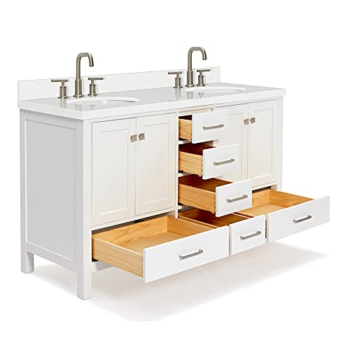 Ariel 61" Inch White Double Bathroom Vanity W/ 1.5" Inch Edge Pure White Quartz Countertop & Backsplash | 2 Oval Sinks | 4 Soft Closing Doors & 6 Full Extension Dovetail Drawers | Satin Nickel #TOP5