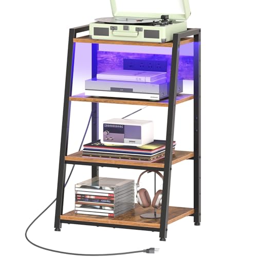 HOOBRO 4-Tier AV Media Stand with Charging Station and LED Light, Wooden Stereo Cabinet, Game...