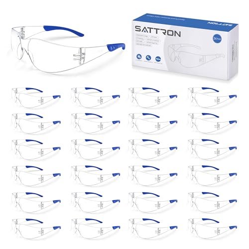 SATTRON Clear Safety Glasses 24 Pack, Polycarbonate Lens with Rubber Temples, Safety Goggles Anti-Scratch Impact Resistant, Eye Protection for Work Lab Construction, Clear Lens/Blue Frame