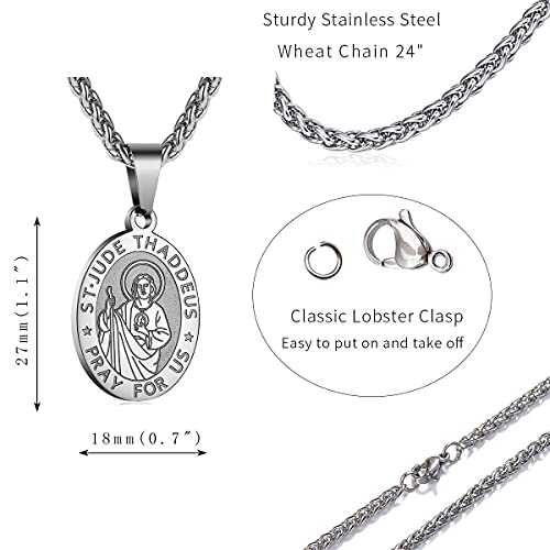 P. BLAKE Oval Saint Christopher/Michael/Joseph/Jude/Virgin Mary/Joseph/Francis/Patrick/Anthony/Benedict/Thomas Necklace for Men Women, Stainless Steel Catholic Patron Pendant with Chain 24 Inches
