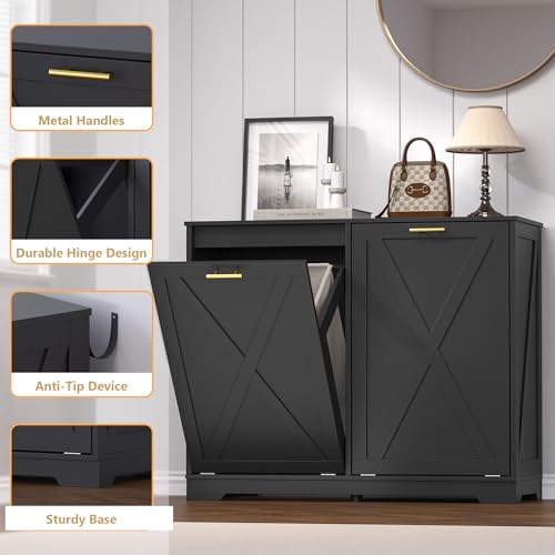 Image of BORNOON Tilt Out Trash Can Cabinet for 2 Bins, Hidden Recycle Garbage Bin Enclosure, Wooden Double Laundry Cabinet with Odor Control, Negative Ion & Ozone, for Kitchen, Bathroom, Laundry Room