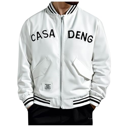 Generisch Cazadora de béisbol casual minimalista europea para hombres, chaqueta deportiva de comercio exterior holgada y moderna para hombre negra, Blanco, 3XL