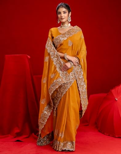 Image of SIRIL Women's Shimmer Chiffon Sequence Embroidery Saree With Unstitched Blouse Piece for Wedding and Parties