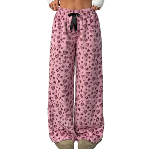 Leopard Pants Women Therian Fuzzy Pajama Pants Y2k Cheetah Pants Grunge High Waisted Fluffy Pants, Pink Cheetah, Large