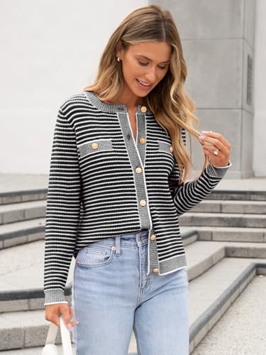 ANRABESS Women's Striped Cardigan Sweaters Casual Long Sleeve Open Front Button Down Knit Cropped Jackets Fall Coat Outerwear4