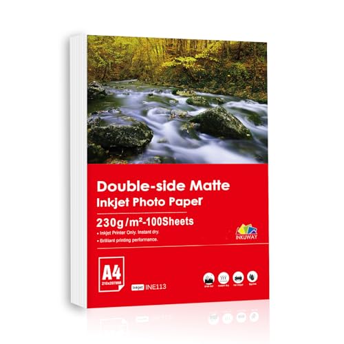 Inkuway A4 100 Hojas de Doble Cara Mate 230gsm Papel Fotográfico de Inyección de Tinta para Folletos, Tarjetas de Libros de Fotos, Imprimibles por Inyección de Tinta