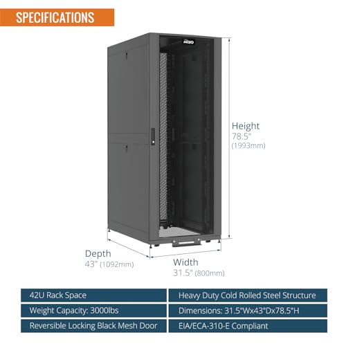 Image of Tecmojo 42U Server Rack Cabinet - PRE-Assembled 32inch Width 43inch Depth IT Network Equipment Cabinet Rack Enclosure with Casters - 3000lbs Weight Capacity,Black