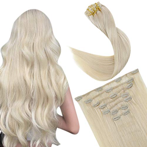 Easyouth Clip in Hair Extensions 10 Inche Color 60 Platinum Blonde 70g (7 Pieces Per Set) Human Hair Extensions Double Weft