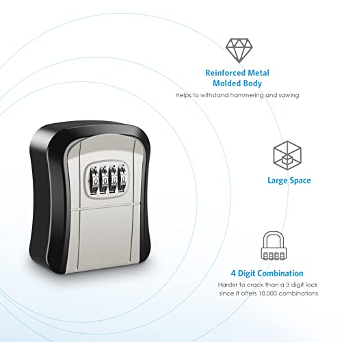 Amir Key Lock Box Wall Mounted, 4-Digit Combination Lockbox For Outside, Waterproof Portable Key Storage Lockbox For House Key With Resettable Code, Security Lockbox For Indoor, Outdoor,3.7Nch #TOP4