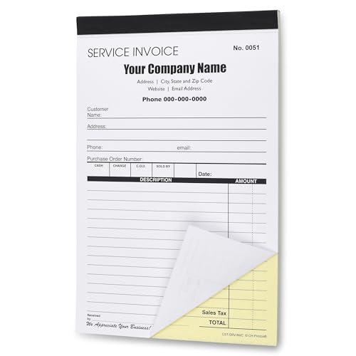 Formulario de factura de servicio personalizado sin carbono con el nombre de tu empresa, 2 libros (100 juegos) numerados