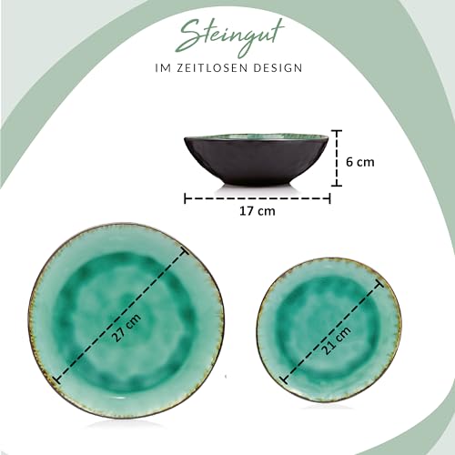 Sänger | Teller Set Palm Beach 12 tlg, Geschirrset 4 Personen, Geschirr Steingut, Dinner Set inkl. Speiseteller Dessertteller & Tiefe Teller Grün Schwarz mit Braunem Farbverlauf | PREMIUM COLLECTION