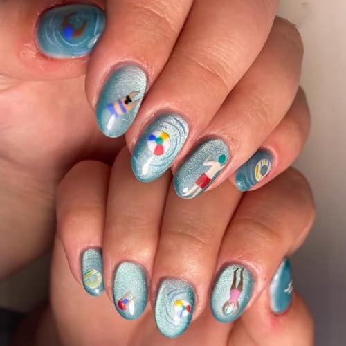 Image of Blue Press on Nails Medium Oval Fake Nails with Summer Swimming Pool Design Reusable Glossy Full Cover Glitter Stick on Nail for Women Manicure 24Pcs