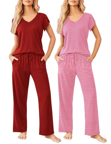 Image of Ekouaer 2 Pack Womens Pajamas Short Sleeve Sleepwear Top with Pants Super-Soft Printed Lounge Sets S-XXL