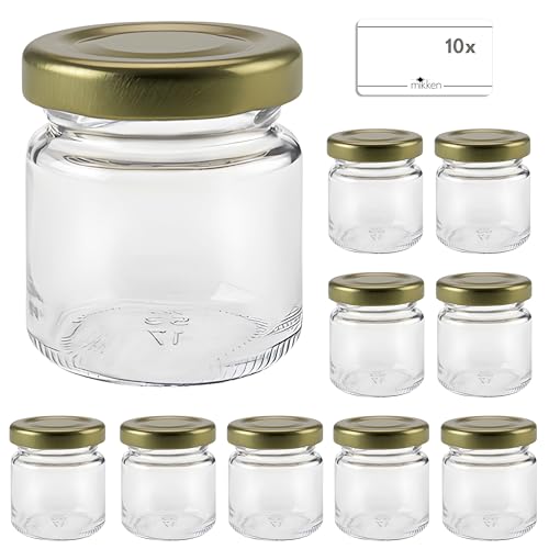 mikken 10 x Mini Marmeladenglas Einmachglas 53ml mit Deckel gold inkl. Etiketten