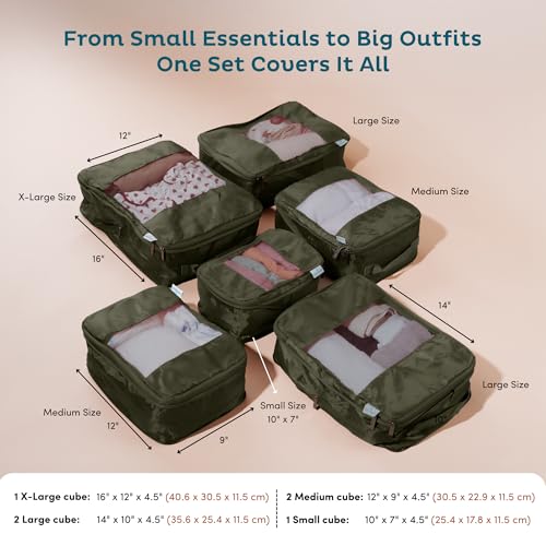 6-Pack Compression Packing Cubes Travel Essentials - Lightweight, Water-Resistant Luggage Organizer Bags with Handles, Durable Travel Accessories Suitcase Organizer (Olive)