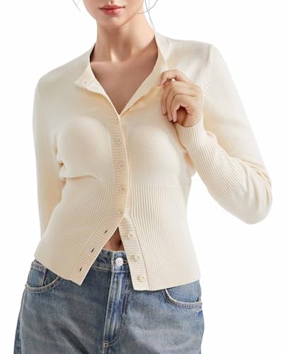 SUUKSESS Women Button Down Cardigan Crew Neck Sweaters Ribbed Knitted Slim Fit Tops