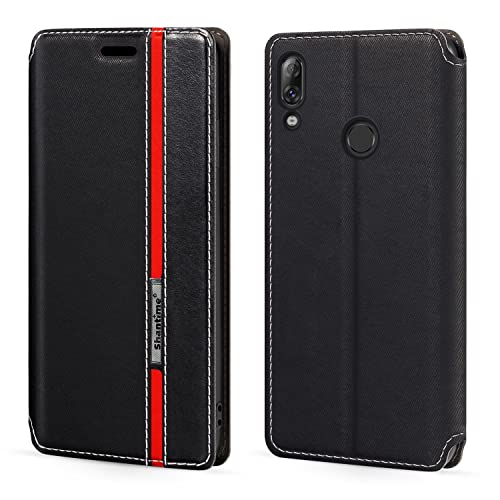 Shantime Funda Tipo Libro de Piel Sintética con Rayas Compatible con Lenovo K5 Pro, Cierre Magnético Oculto, Ranura y Diseño a Contraste(Negro)