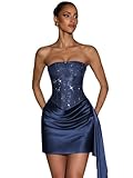 Rvzcn Saprkly Sequin Homecoming Dress with Corset Navy Blue Strapless Tight Satin Short Prom Dresses Size 12