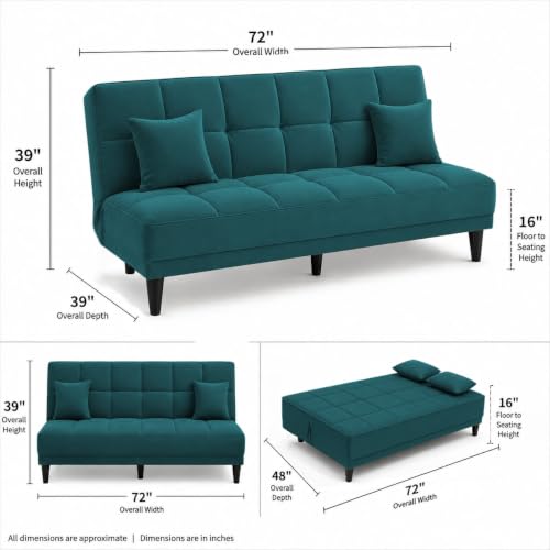 Image of Adorn India Alyssum 3 Seater Sofa Cum Bed 4X6 Velvet 2 Cushions (Color Aqua Blue) and Suitable for All Indoor, with 3 Years Warranty
