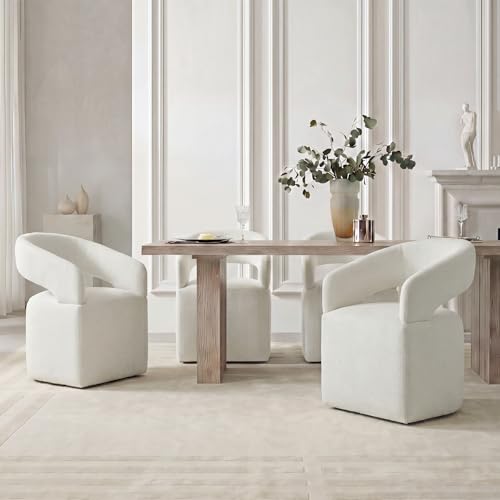 Image of KISLOT Upholstered Dining Chairs Set of 4, Modern Arm Kitchen & Dining Room Chairs with Hidden Casters, Linen Fabric Padded Rolling Chairs, Sturdy Wood Frame, 300 lbs Capacity, Ivory White