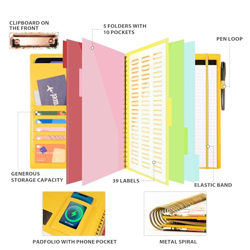 Image of Ospelelf Clipboard with Storage for Men Women, Leather Padfolio Portfolio Organizer 5 Folders with 10 Pockets, Spiral Clipboard Folio with Notepad for Letter Size, Elastic Closure and Pen Loop Floral