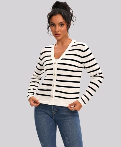 Women's Striped Cardigan Sweaters - Long Sleeve Button Down V Neck Knit Cardigans Classic Casual Tops for Women2