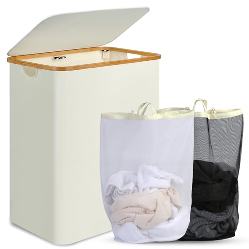 Image of efluky Laundry Hamper with Lid, 160L Tall Laundry Basket with Bamboo Handles for Clothes and Toys, Collapsible Laundry Hamper with 2 Inner Bags for Bedroom and Bathroom, Beige