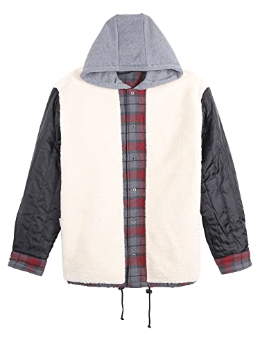 Image of COEVALS CLUB Men's Flannel Fleece Sherpa Quilted Lined Plaid Snap Work Shirt Jacket /Hooded