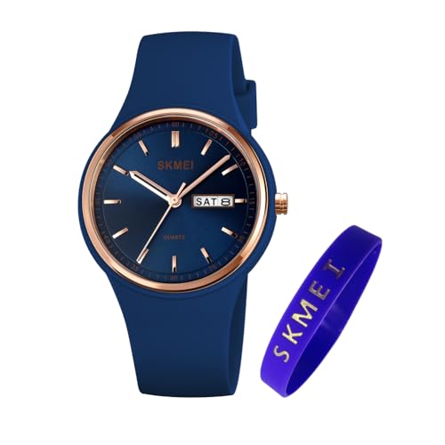 SKMEI Relojes para mujeres jóvenes, correa de silicona deportiva, impermeable, a la moda, casual, simple, analógico, de cuarzo, día, fecha, regalo para niñas, reloj de pulsera negro, azul oscuro