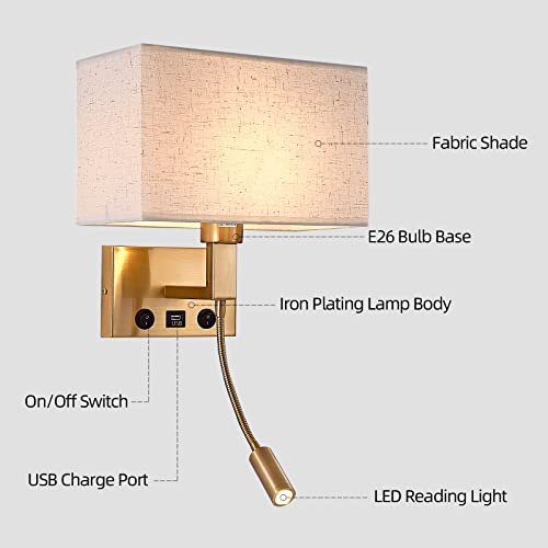 Image of Bedroom Wall Sconces, Hardwired Wall Lamp with USB and Reading Lamp Fabric Shade Bedside Wall Lights with Reading Lamp for Bedroom Living Room Hotels Corridors (Brass)