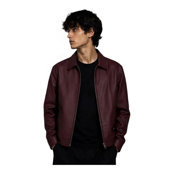 Image of Men's Burgundy Faux Leather Jacket - Classic Zip-Up Bomber Jacket with Shirt Collar, Long Sleeves & Modern Slim Fit