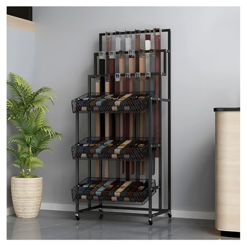 Floor Standing Belt Display Rack with Hooks, Metal Ties Scarf Shawls Purse Jewelry Holder, Large Retail Display Stand with 3 Storage Mesh Basket, for Supermarkets/Clothing Shops(Black,80x45x150 cm)