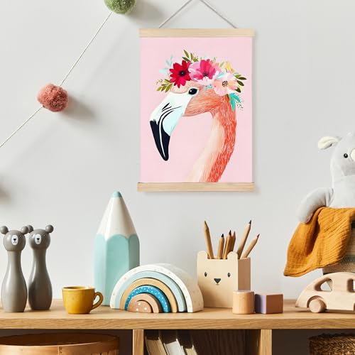 Image of PQKIY Floral Pink Flamingo Wall Art Poster Hanger Frame 12x16 in, Summer Exotic Tropical Bird Flamingo Wall Decor Canvas Prints for Nursery Girls Room Bedroom Dorm Apartment